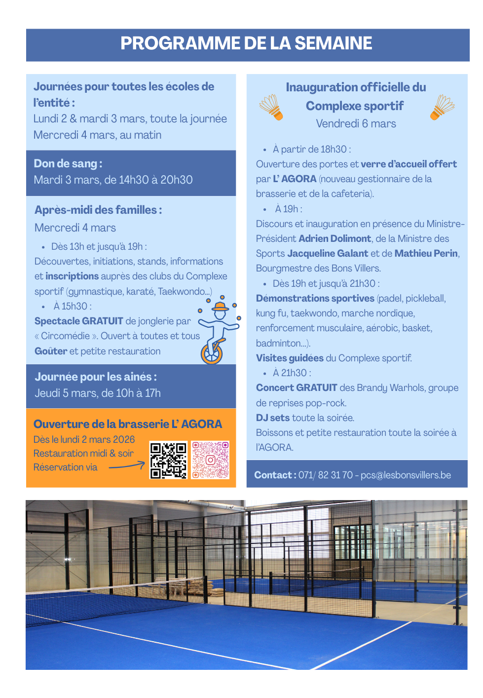 Inauguration du Complexe sportif - du 2 au 6 mars 2026 — Bons Villers ...